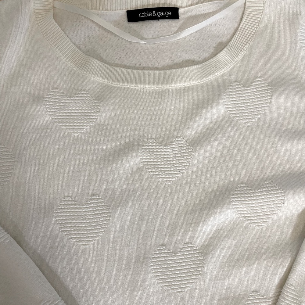 Cable and Gage Hearts Sweater 1X True White with Textured Hearts.